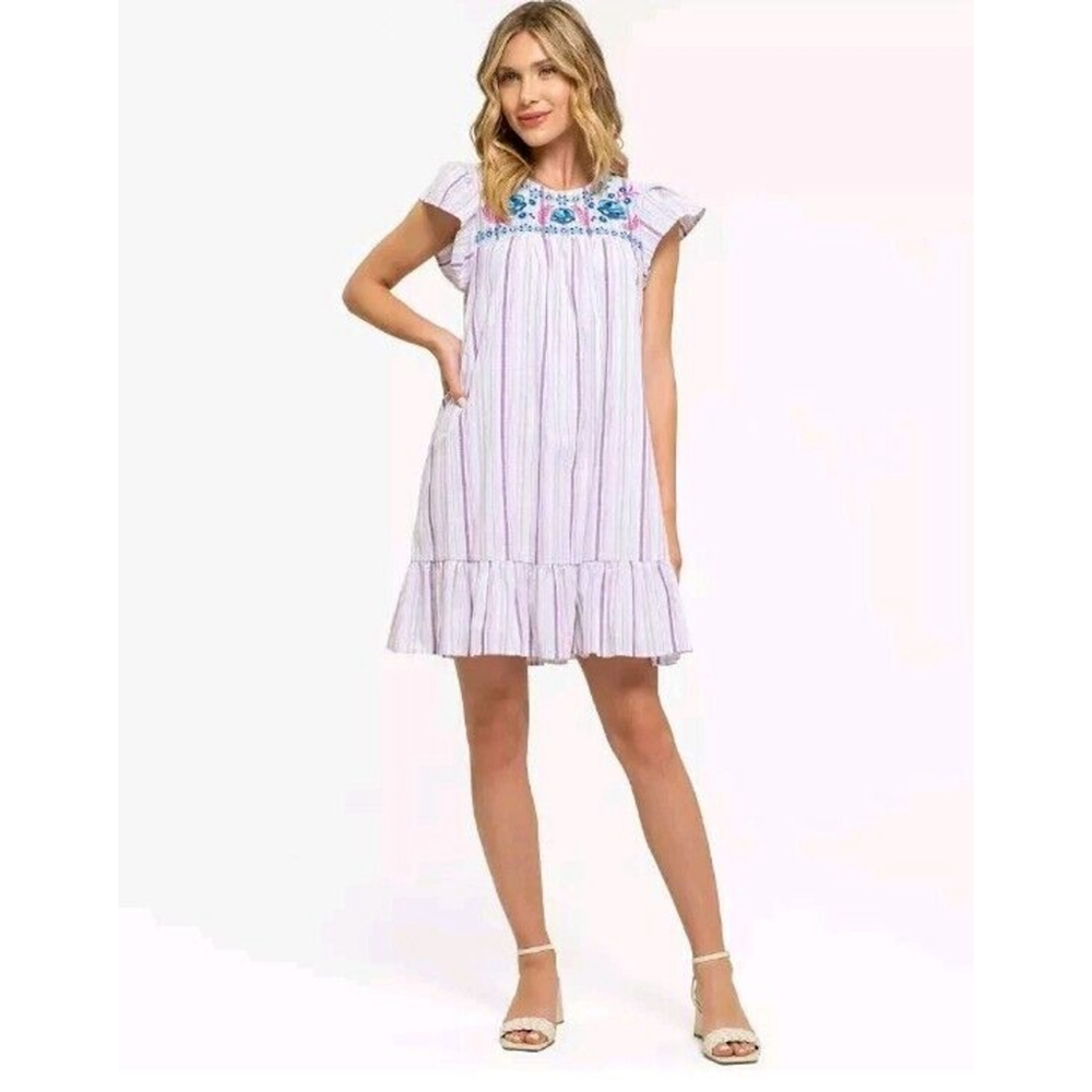 August Sky Womens Floral Embroidered Striped Mini Dress Pink Med, New In PolyBag